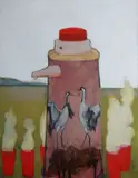 Džuppová Jarmila, Termosku so žeriavmi, z cyklu Júl-mesiac malého banálneho obrazu, 2010, olej, olejový pastel na drevotrieske