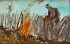 Štefan Cpin, Vo vinohrade, okolo 1960, tempera na kartóne