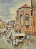 Jozef Teodor Mousson, Trh pri kostole, okolo 1930, akvarel na papieri