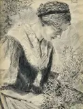 Jozef Hanula, Žena v záhrade, okolo 1900, kresba ceruzou na papieri
