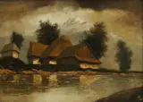Chalupy pri rieke Poprad by Eugen Szepesi-Kuszka, okolo 1910, olej na plátne, sold Mar 2011