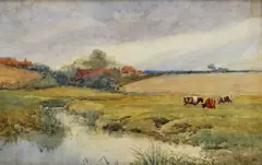 Gustáv Mallý, Krajina s kravami, okolo 1910-14, akvarel na papieri