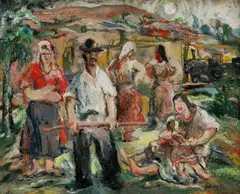 Robotnícka idyla by Július Jakoby, okolo 1960-62, olej na kartóne, sold Mar 2011