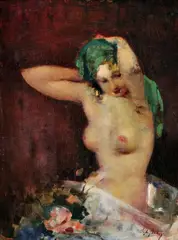 Akt so zelenou šatkou by Vígh Bertalan, okolo 1930, olej na plátne, sold Mar 2011