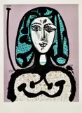 Žena so sieťkou na vlasy by Pablo Picasso, 1949 (neskoršia edícia z roku 1968), farebná litografia na papieri, sold Mar 2011