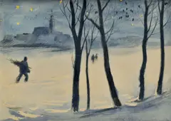 Karol Ondreička, S vianočným stromčekom, okolo 1940, akvarel na papieri