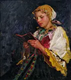 Július Bukovinský, Žena v kroji (V kostole), okolo 1940, olej na plátne