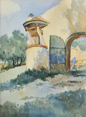 Tivadar Jánoska, Pred dedinskou usadlosťou, 1923, akvarel na papieri