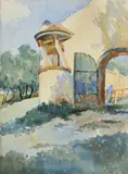 Tivadar Jánoska, Pred dedinskou usadlosťou, 1923, akvarel na papieri