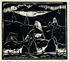 Miloš Alexander Bazovský, Kolíska, 1935, drevorez na papieri