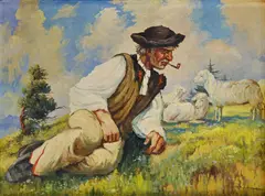 Ladislav Berecz, Bača s ovcami, okolo 1940, olej na plátne