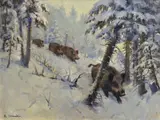 Karl Sovanka, Diviaci v zime, okolo 1930, olej na plátne