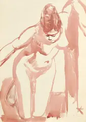 Jozef Kostka, Kľačiaci akt, okolo 1960, lavírovaná kresba akvarelom, štetcom na papieri