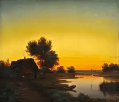 Schwartz, Západ slnka nad jazerom, okolo 1870, olej na plátne
