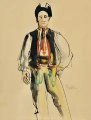 Duša Ferdiš, Mládenec v kroji, okolo 1940, akbvarel, tuš na papieri