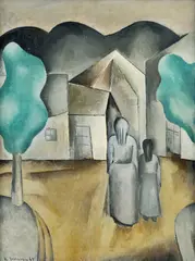 Michal Jakabčic, Krajina s chodcami, 1964, olej na plátne