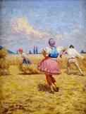 Viliam Euzéb Mousson, V žatve, okolo 1950, olej na kartóne