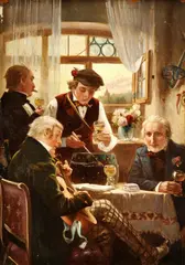 Pánska spoločnosť by Carl Zewy, okolo 1900, olej na dreve, sold Jun 2010