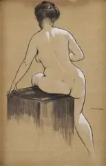 Hugo Henschl, Sediaci parížsky akt zo zadu, okolo 1920, uhoľ, beloba na papieri