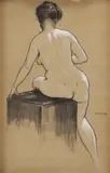 Hugo Henschl, Sediaci parížsky akt zo zadu, okolo 1920, uhoľ, beloba na papieri