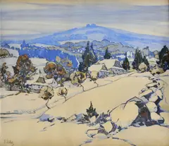 Václav Jícha, Zimná krajina, okolo 1955, kresba perom, tušom, akvarelom na papieri