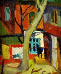Ernest Špitz, Na dvore, okolo 1957, olej na lepenke