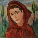 Jozef Ilečko, Dievča v červenej šatke, okolo 1960, olej na plátne