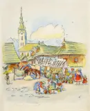 Jarmok by Jan Hála, okolo 1935, akvarel, tuš na papieri, sold Mar 2010