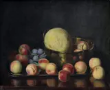 Vincent Bánsághi, Zátišie s broskyňami, melónom a hroznom, okolo 1935, olej na plátne