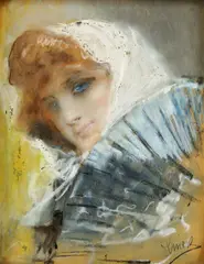 Lajos Linek, Dáma s modrým vejárom, okolo 1930, pastel, gvaš, beloba na papieri