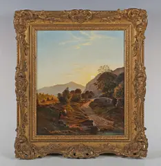 Walter Heath Williams, Figures resting by a path in a mountainous landscape, oil on canvas laid on board