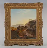 Walter Heath Williams, Figures resting by a path in a mountainous landscape, oil on canvas laid on board