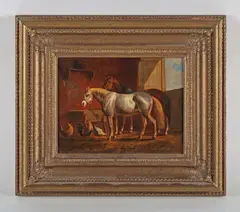 Albertus Verhoesen, Horses and poultry in a stable interior, oil on board