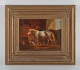 Albertus Verhoesen, Horses and poultry in a stable interior, oil on board