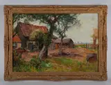 Ernest Walbourn, Farmyard scene; Cottages on a country lane, a pair, oil on board