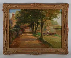 Riverside path with a girl in a punt; Rear view of a cottage and undergrowth, two by Ernest Walbourn, oil on board, sold Sep 2026