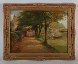 Ernest Walbourn, Riverside path with a girl in a punt; Rear view of a cottage and undergrowth, two, oil on board