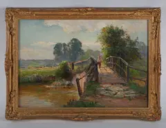 Dick Walbourn on a wooden bridge by Ernest Walbourn, oil on board, sold Sep 2026