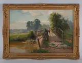 Ernest Walbourn, Dick Walbourn on a wooden bridge, oil on board