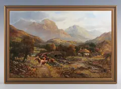 William Langley, Highland landscape with cattle and drover crossing a bridge; Highland landscape with sheep and shepherd near a waterfall, a pair, oil on canvas