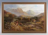 William Langley, Highland landscape with cattle and drover crossing a bridge; Highland landscape with sheep and shepherd near a waterfall, a pair, oil on canvas