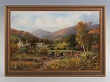 William Langley, Landscape with figures by a stream; Landscape with a girl feeding poultry before a cottage, a pair, oil on canvas