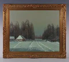 Wiktor Korecki, Snowy winter landscape with cottage, oil on canvas