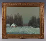 Wiktor Korecki, Snowy winter landscape with cottage, oil on canvas