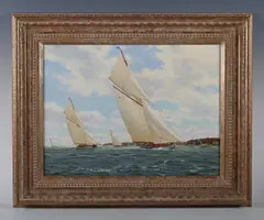 Stephen J. Renard, Lulworth & Britannia Racing off Cowes 1930, oil on canvas