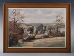 Nancy Bailey, St Clements’: view of a village with church, oil on canvas