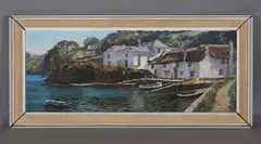 Nancy Bailey, Pandora Restronquet’: houses and jetty on an estuary, oil on canvas