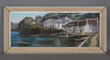 Nancy Bailey, Pandora Restronquet’: houses and jetty on an estuary, oil on canvas