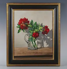 Jonathan D. Pocock, Still life of peonies in a glass jug, oil on canvas