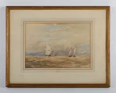 David Cox, Sailing vessels in a stiff breeze, watercolour
